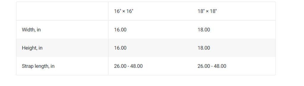 Size chart for Adjustable Tote Bag