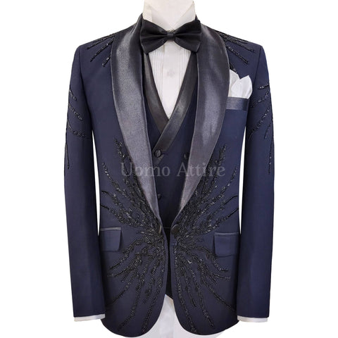 Custom tailored navy blue embellished tuxedo 3 piece suit for groom