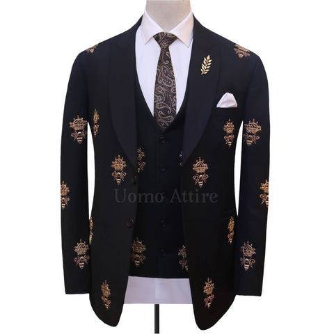 Black custom wedding suit for groom with embellishments