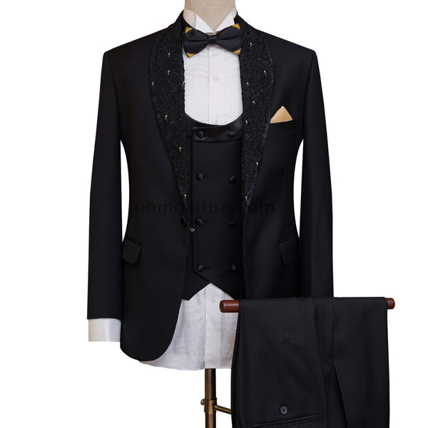 Men's black tuxedo 3 piece suit with embellished shawl and U-Shaped ve ...