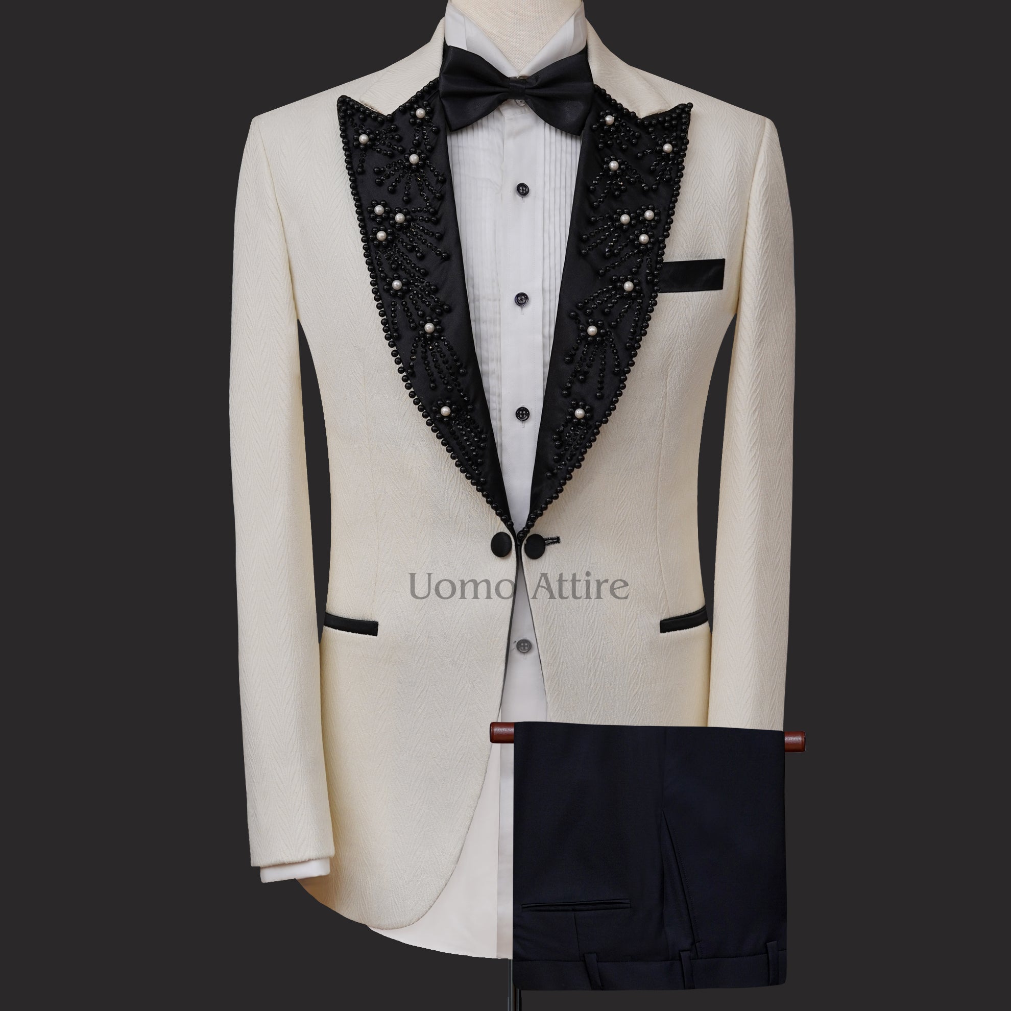 Wedding suit for men | White wedding suit for men with embellished black peak lapel | Wedding Suit