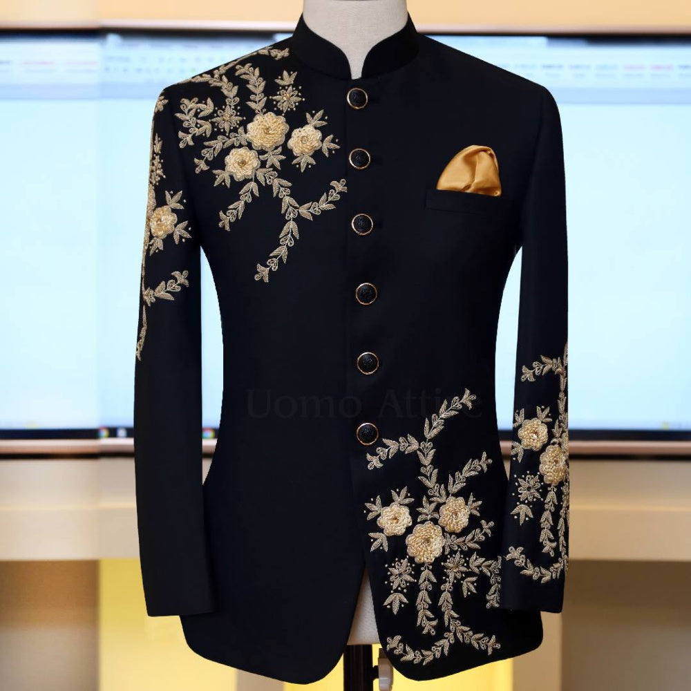 Tailor-made embellished black prince coat with antique brass buttons