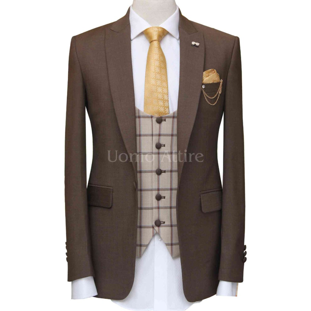 Brown wedding suit for men with single breasted check vest | Wedding Suit for Men