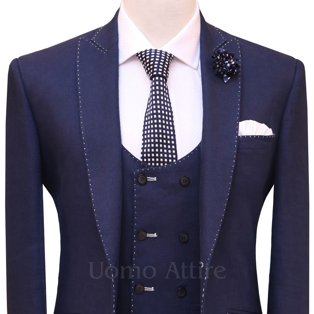 Pick stitch navy blue 3 piece suit – Uomo Attire