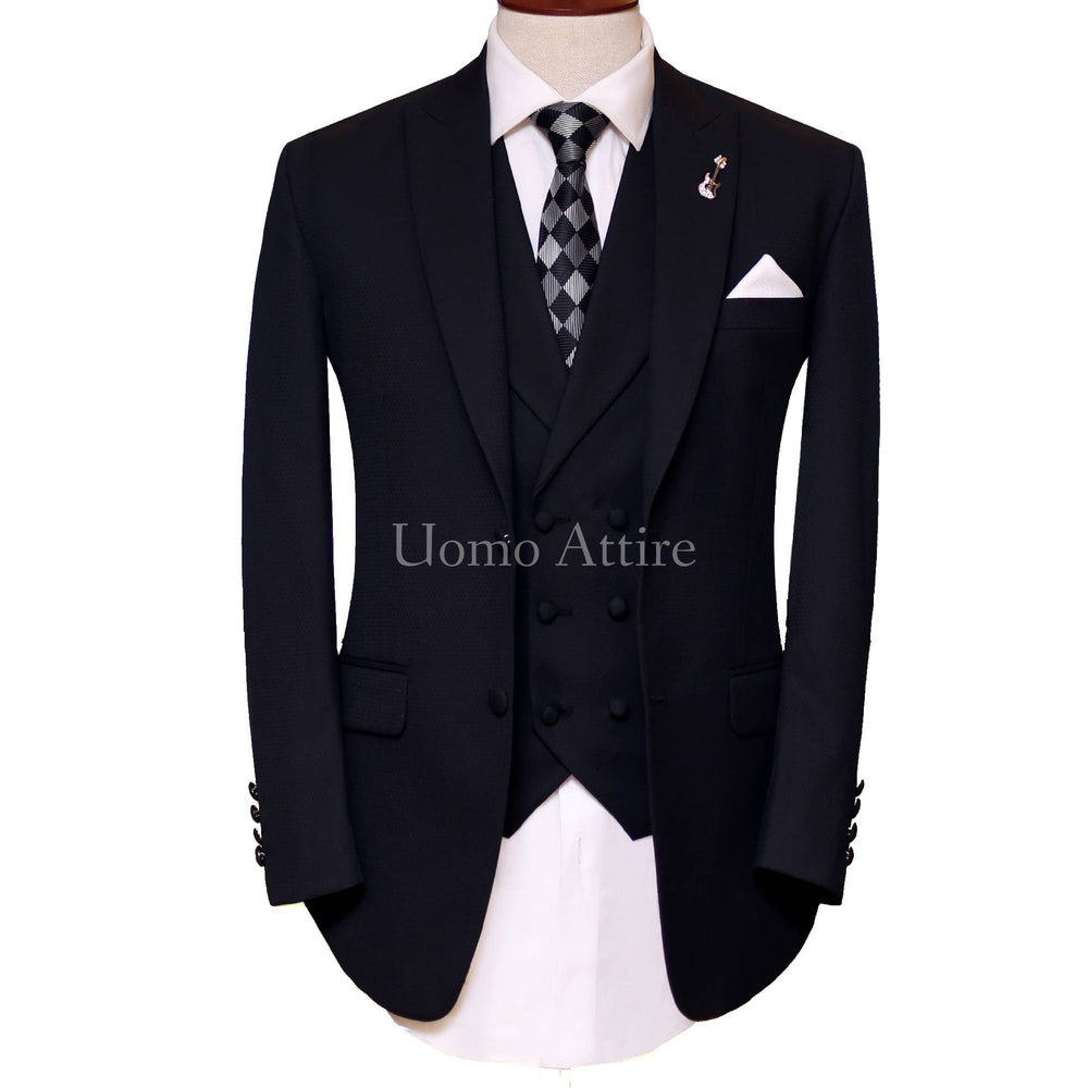 Black self textured three piece suit 100% woolen – Uomo Attire
