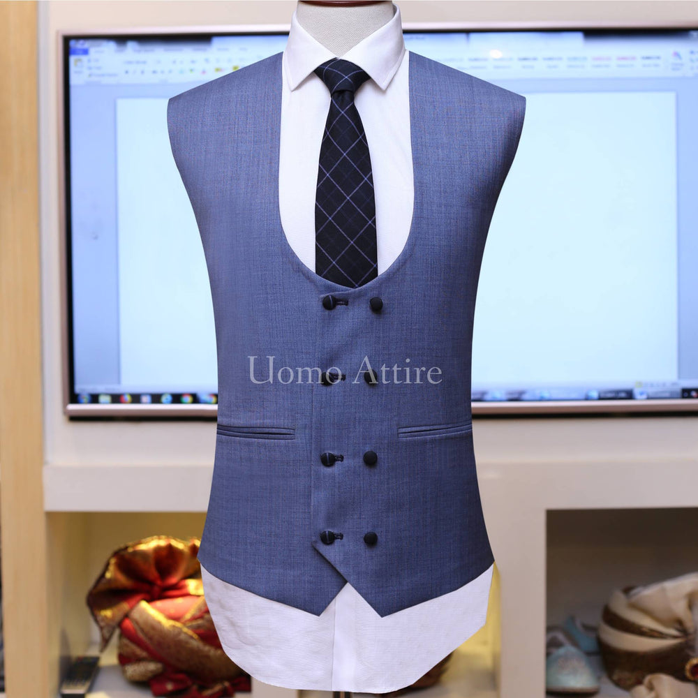 Black with sky blue windowpane check 3 piece suit – Uomo Attire