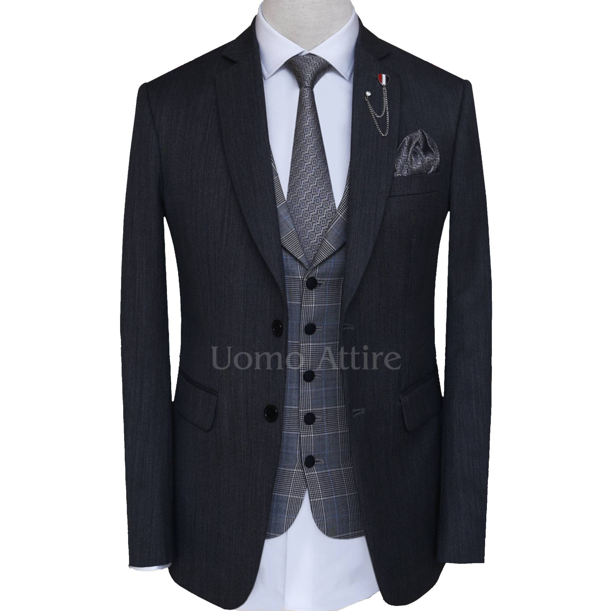 Dark gray wedding suit for men with single breasted check vest | Wedding suit for men