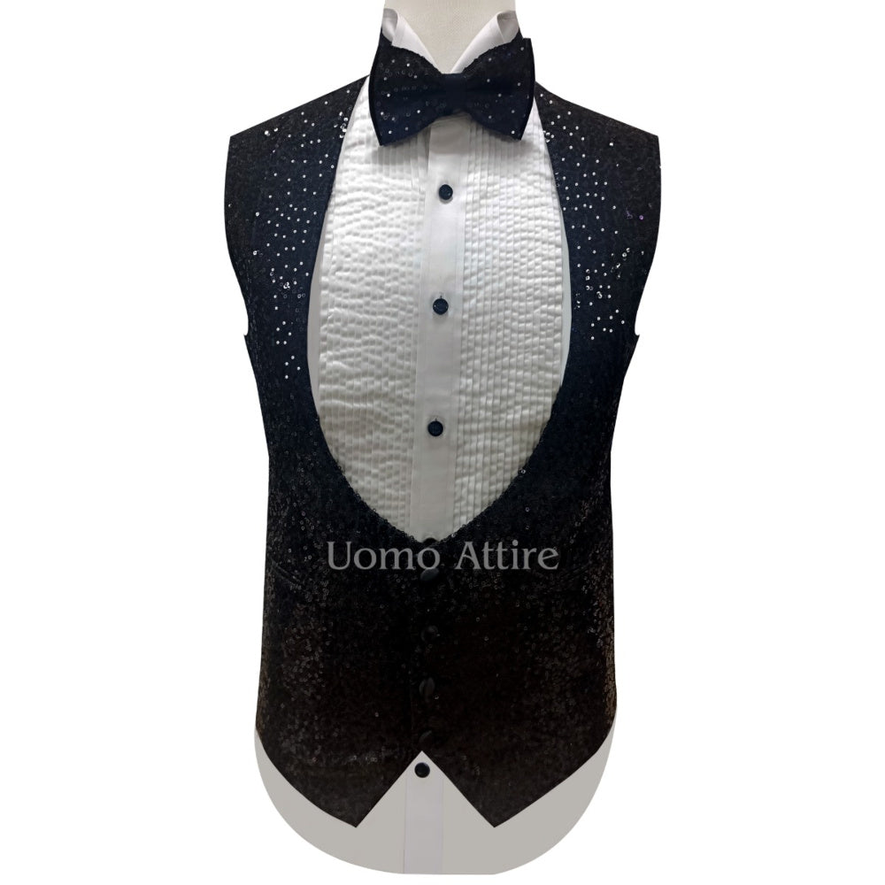 
                  
                    Tailor-made black tuxedo three piece suit with sequin fabric shawl, black tuxedo suit, black tuxedo suit with sequin fabric shawl lapel and single breasted vest
                  
                