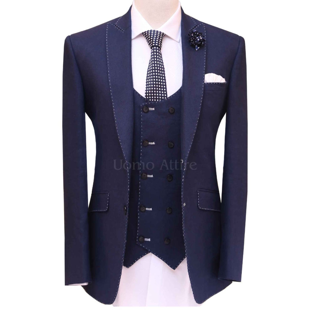Pick stitch navy blue 3 piece suit – Uomo Attire