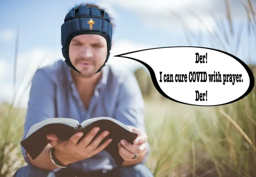 Man suffering CCCOD reading Bible, thinking he can cure cure COVID.