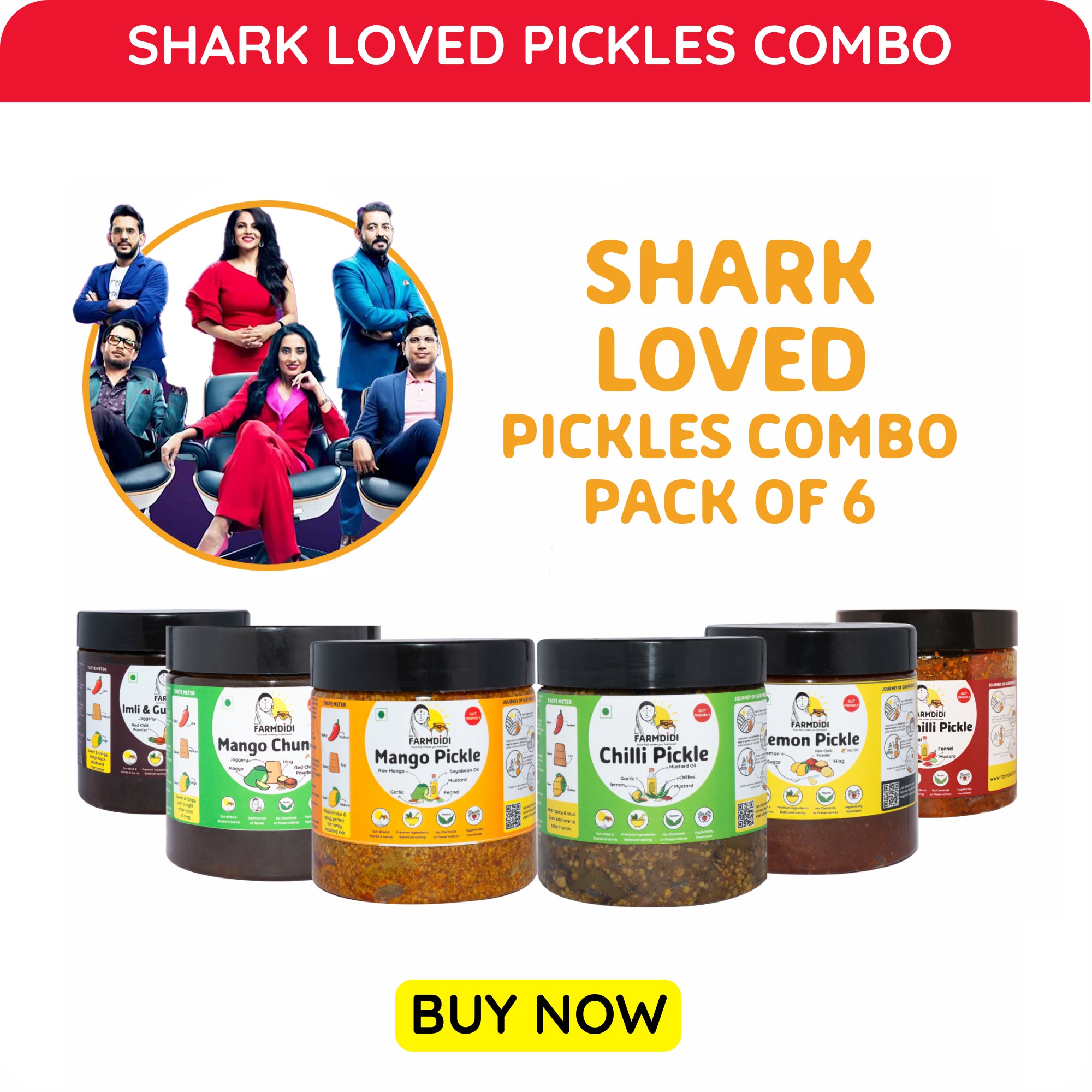 Shark Recommended Trial Combo consists of pickles and chutneys tasted by sharks when Farmdidi went to Shark Tank India, Season 3.