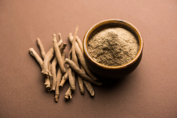 Getrocknete Ashwagandha-Wurzeln neben einer Schale mit Ashwagandha-Pulver auf braunem Untergrund, beides wichtige Formen der ayurvedischen Heilpflanze Withania somnifera.