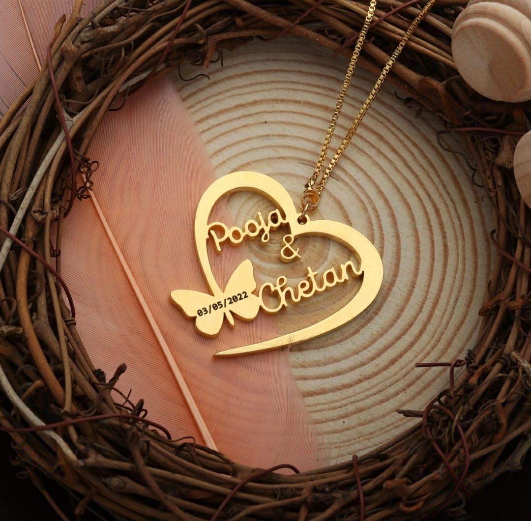 Double Couple Name Necklace - Butterfly And Heart Design