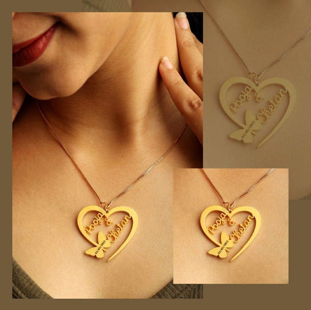 Double Couple Name Necklace - Butterfly And Heart Design