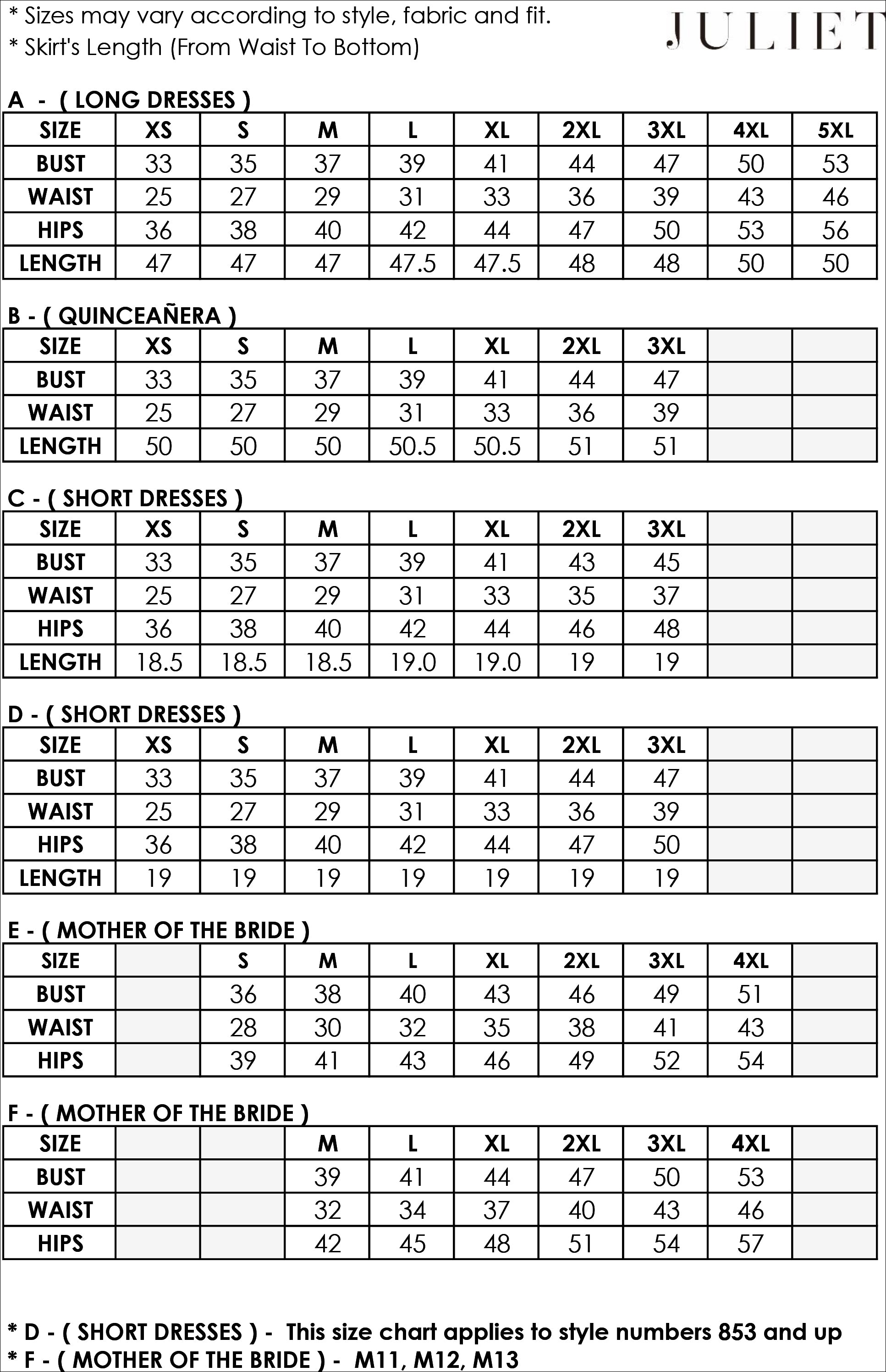 Juliet Sizing Chart