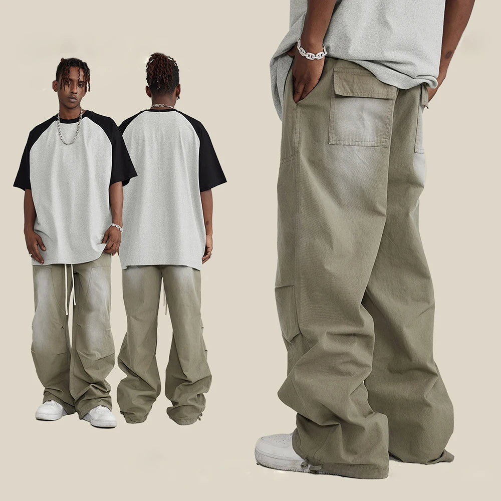 Winter Monkey Washed Gradient Woven Carpertner Outdoor Pants Oversized Wide Leg Men Sun Faded Thick Cotton Cargo Pants