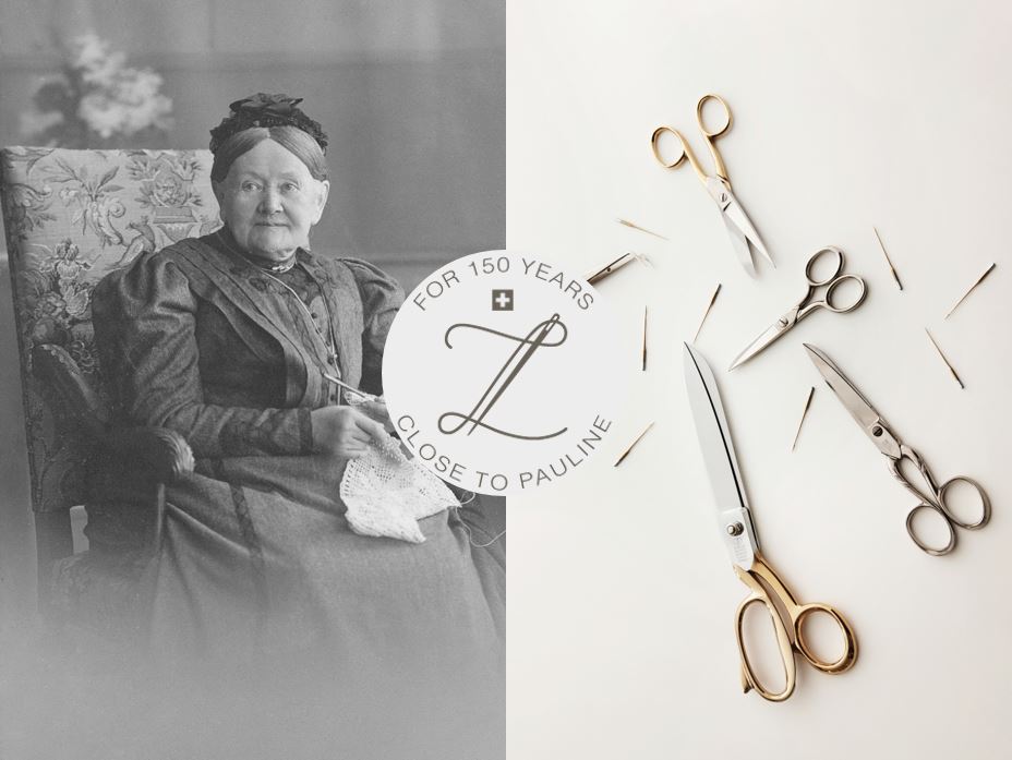150 Years of Zimmerli, picture of the brand's founder next to scissors and sowing needles