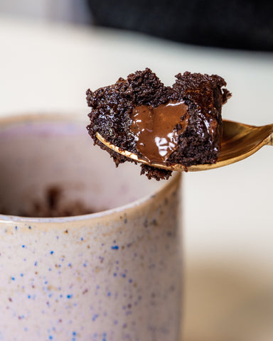 Chocolate Mug Cake on a spoon