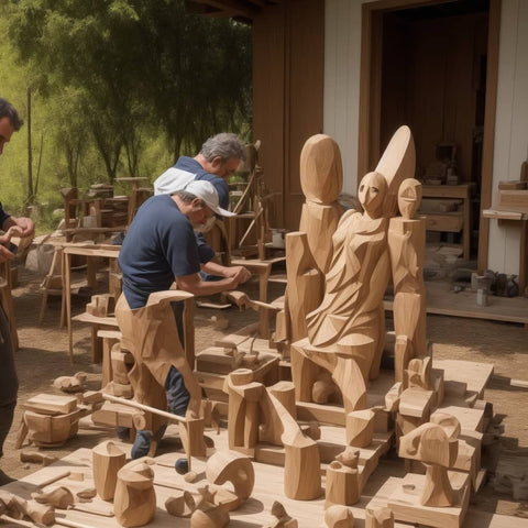 Artisans working on carved wood art