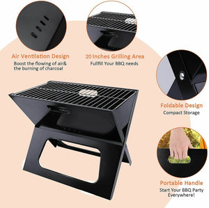 Yssoa 20” Portable Grill Charcoal Barbecue Grill, Folding Grill Notebook Shape, Detachable Collapsible, Mini Tabletop Camping Grill Bbq, Black