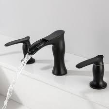 2 Handle 3 Hole Widespread Matte Black Waterfall Bathroom Faucet, 8 Inch Vanity Sink Faucet
