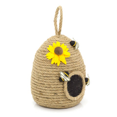 Rustic jute rope beehive shaped doorstop with three bees and sunflower detail