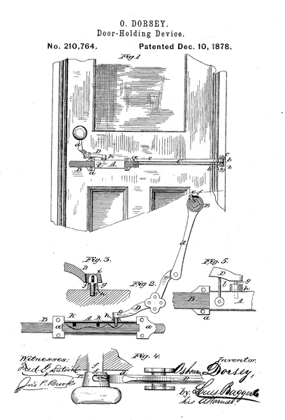 Door-Holding Device patent , filed in 1878, by inventor Osbourn Dorsey (also known as O. Dorsey)