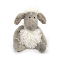 A novelty sheep doorstop with cream wooly body and grey, soft ears, face, and legs.