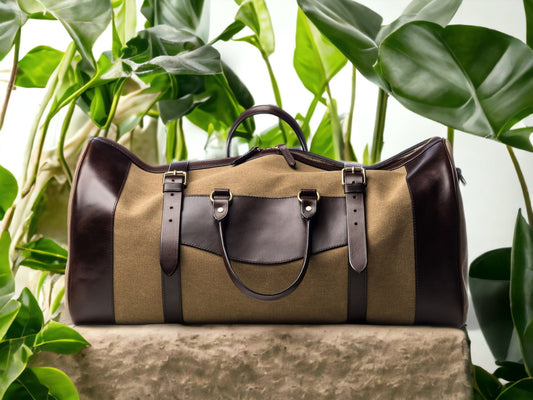 Cream Canvas - Tan Leather, Duffle Bag