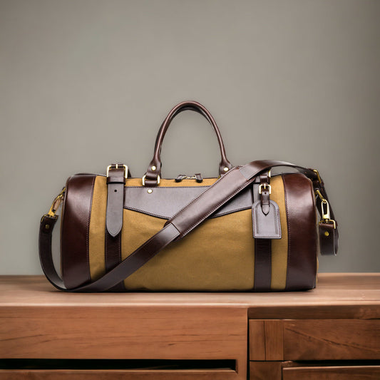 Cream Canvas - Tan Leather, Duffle Bag