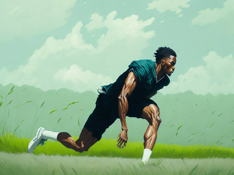 A determined man sprinting through a sun-drenched meadow, his feet pounding the grassy ground