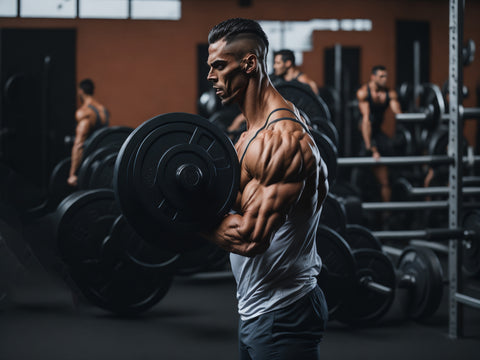 A muscular man with a determined expression, lifting a pair of heavy dumbbells with ease after taking a testosterone supplement with saw palmetto as one of its ingredients
