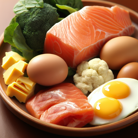 a bowl of choline-rich foods like eggs, salmon, broccoli, and more