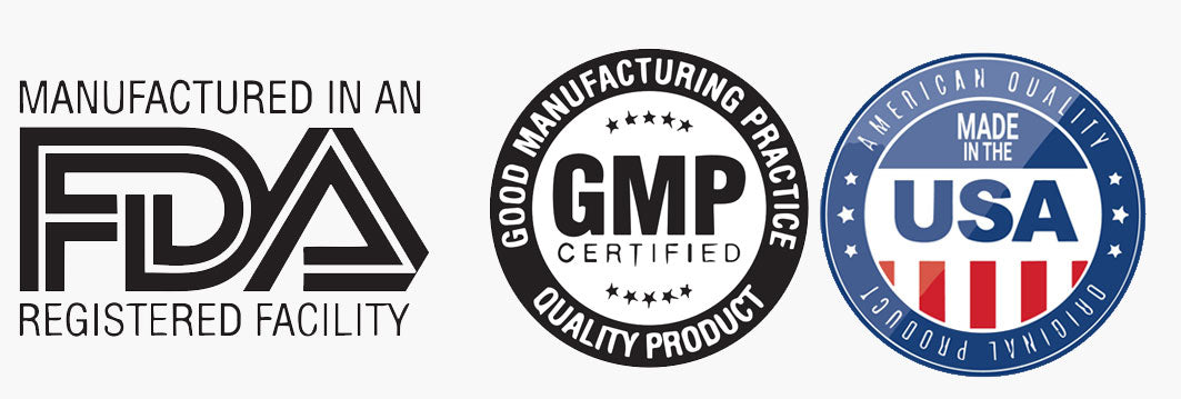 MANUFACTURED IN AN FDA APPROVED FACILTY, GOOD MANUFACTURING PRACTICES, MADE IN THE USA BADGES