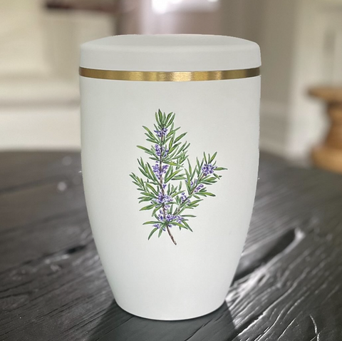 White urn for ashes handpainted with a sprig of rosemary