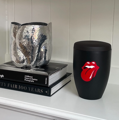 Black Funeral Urn hand-painted with Rolling Stones Lips