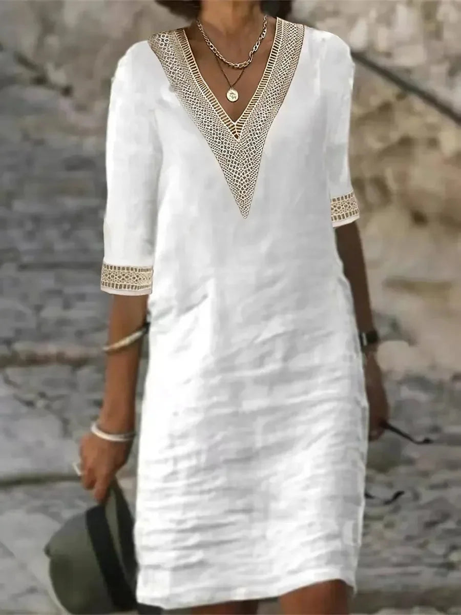 Stylish V-neck Cotton Dress with Middle Sleeves for Women - Image 6