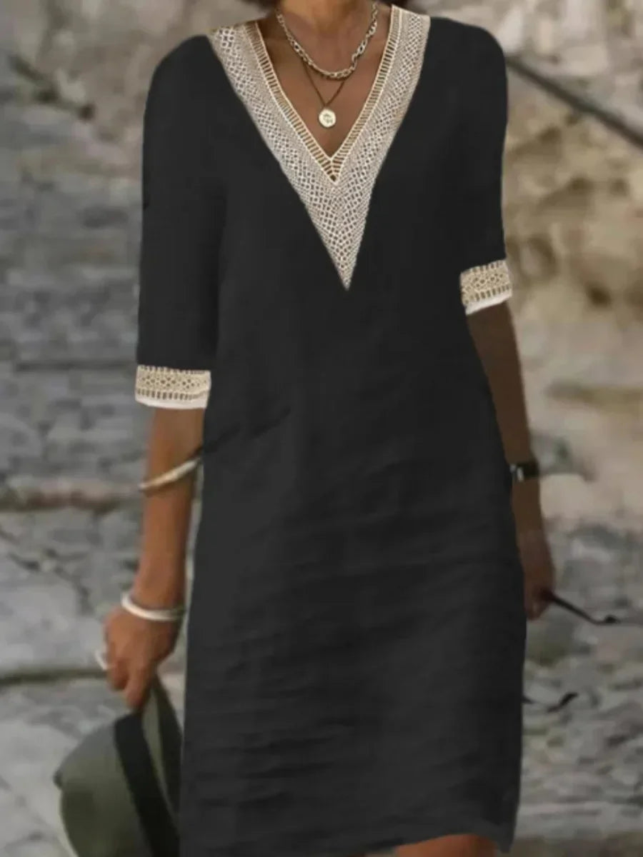 Stylish V-neck Cotton Dress with Middle Sleeves for Women - Image 12