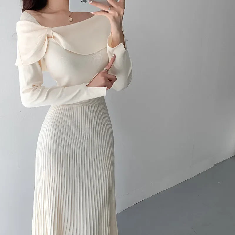High Waist Slim Knitted Pleated Office Lady Dresses - Image 4