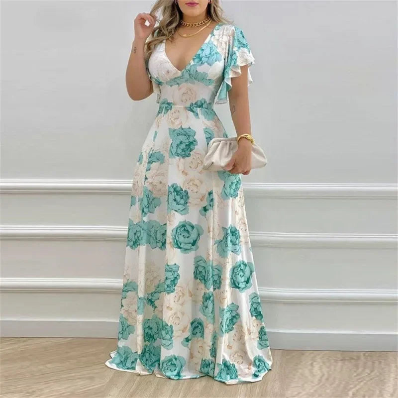 Floral V-neck Dress with Waist Cinch and Large Hem - Image 7