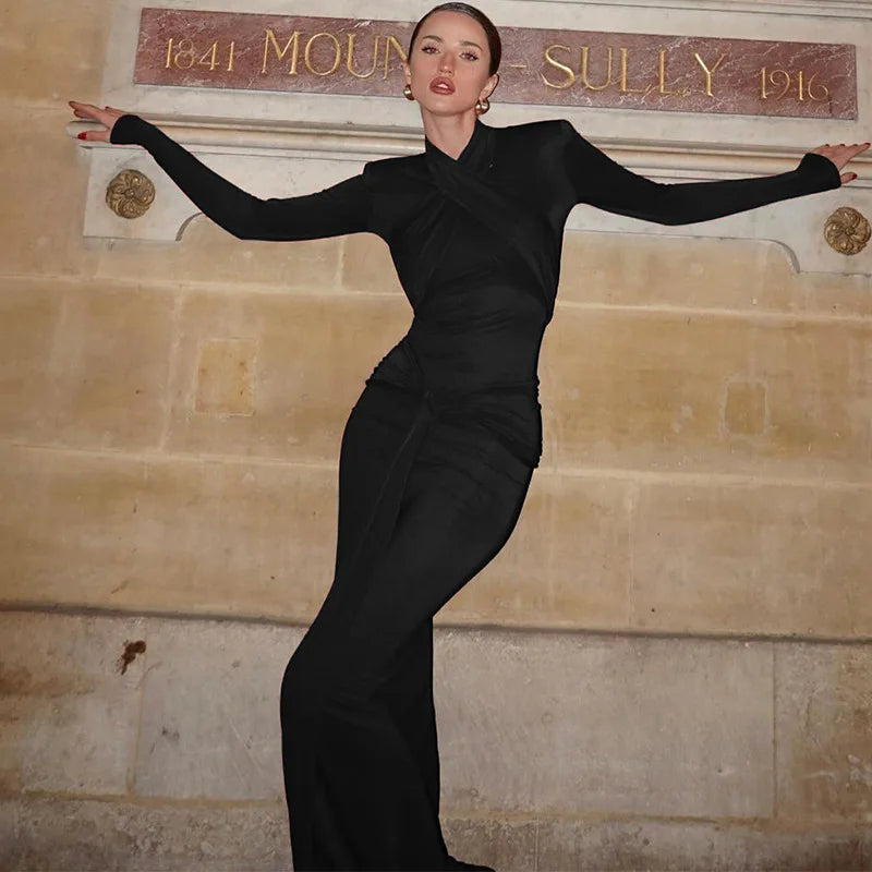 Elegant Long Sleeve Halter Draped Maxi Dress for Women - Image 5
