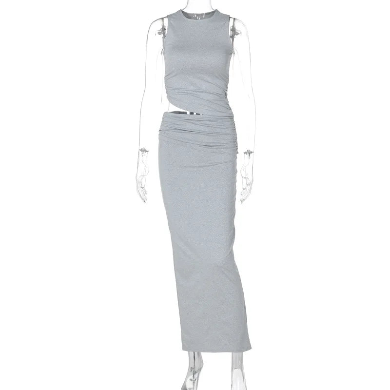 Gray sleeveless crop top and maxi skirt set for women - Image 2