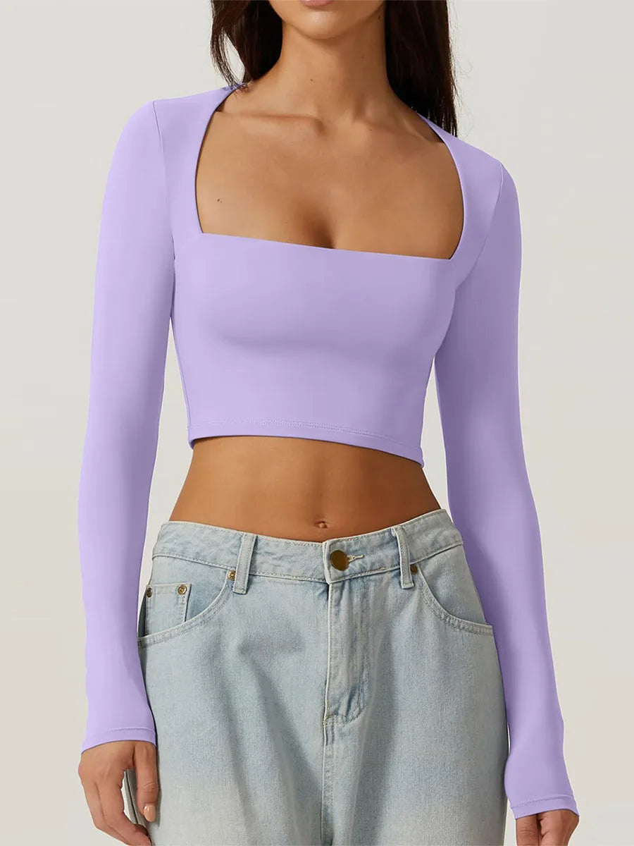 Women's Solid Color Long Sleeve Square Neck T-Shirt Casual Top - Image 7