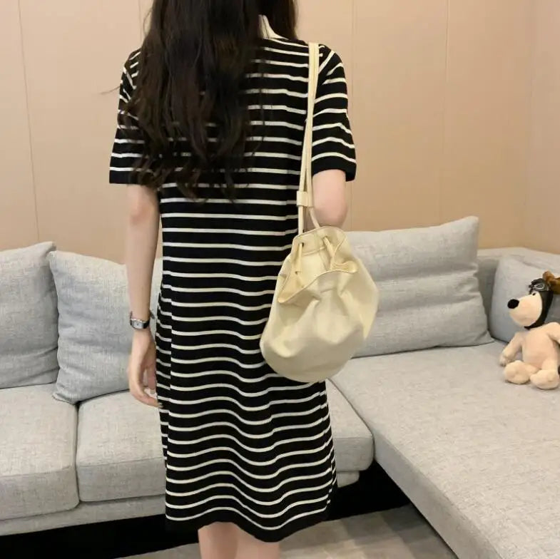 Vintage-Inspired Loose Striped Knit Dress for Women - Image 5