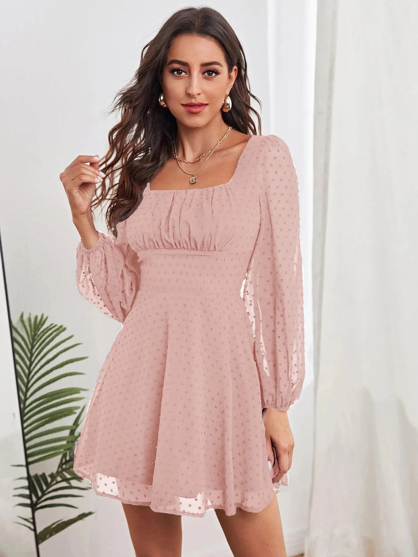 Vintage Silk Square Neck Puff Sleeve Dress for Winter Style - Image 9