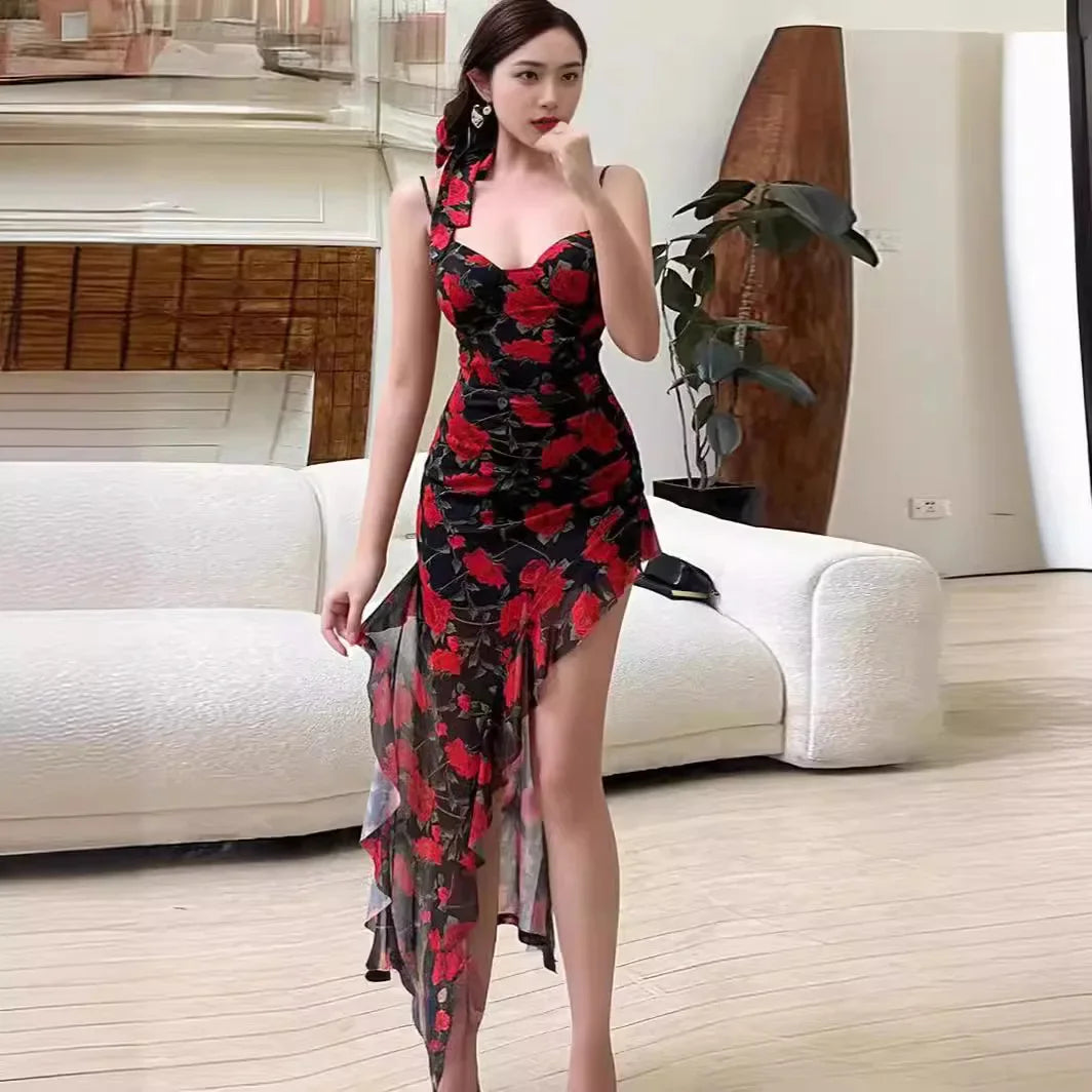 Floral Ruffle Edge Split Skirt Dress for Women - Image 3