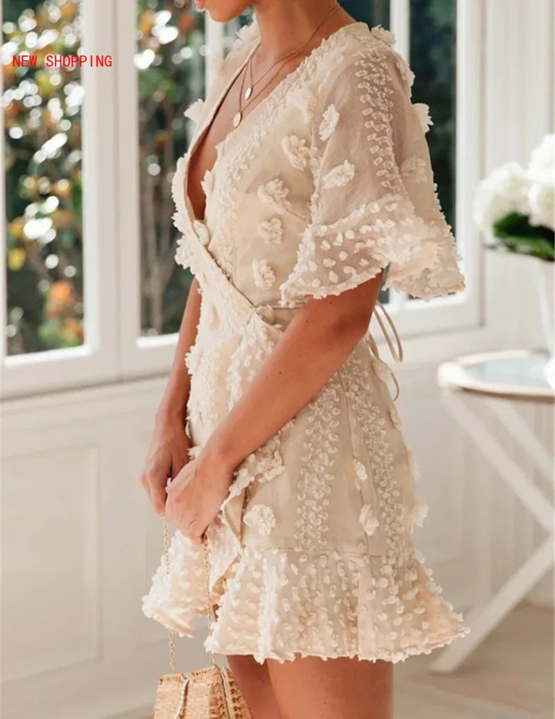 Summer Cottagecore Short Sleeve V Neck Dress Mini Dresses White - Image 6