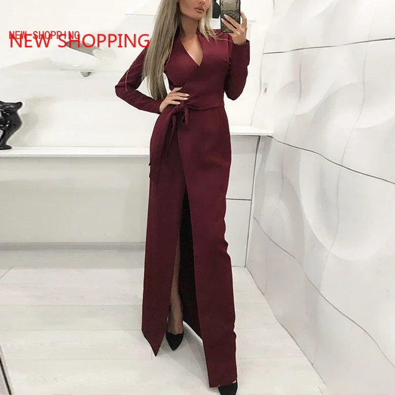 V-Neck Split Maxi Dress for Women - Red/Black - Image 3