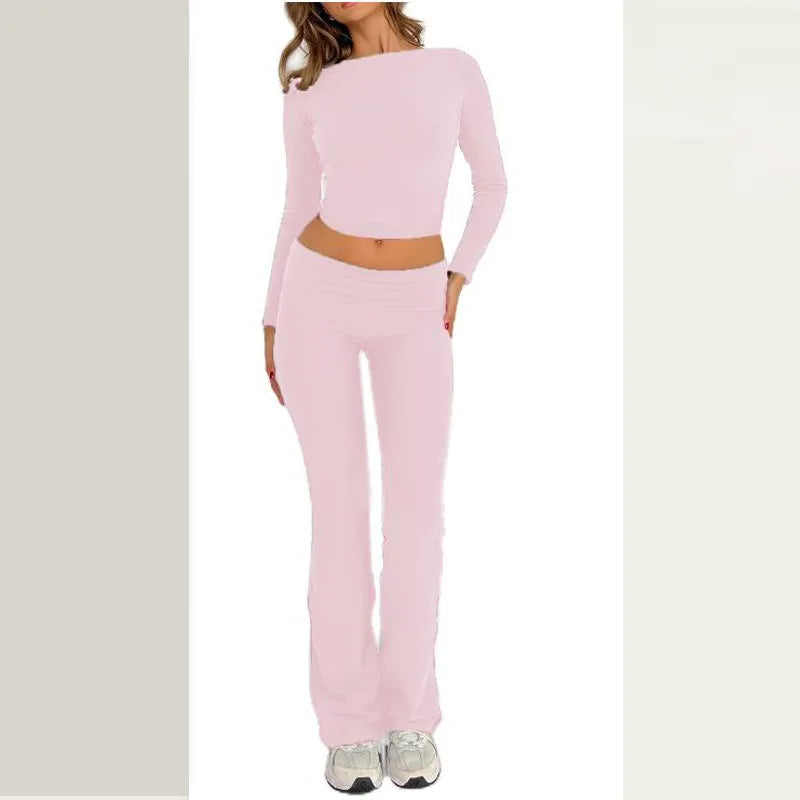 Women's Slim Fit Long Sleeve Crop Top and Flare Pants Set - Image 8