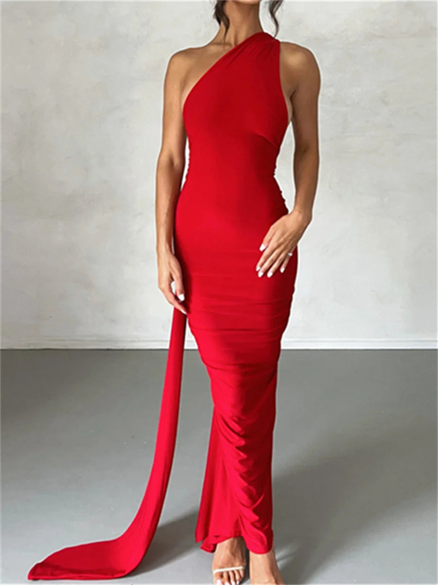 Elegant Backless Maxi Dress One Shoulder Halterneck Ruched Party Outfit - Image 6